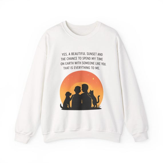 Gay Couple with Pets Sunset Crewneck Sweatshirt | Romantic Sunset Design