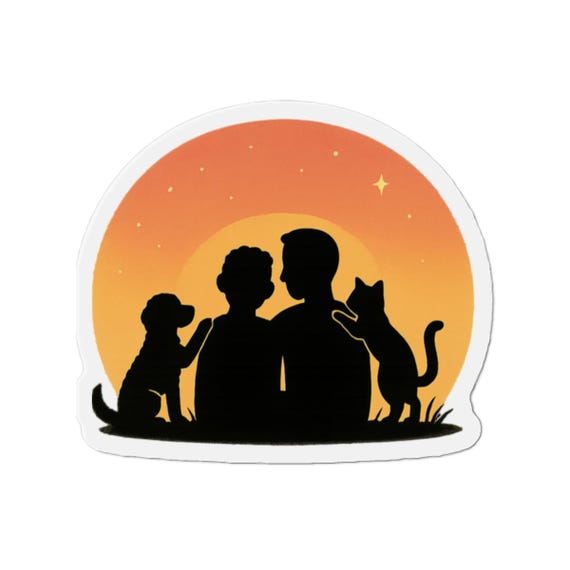 Sunset Gay Family Die-Cut Magnet | Couple with Dog and Cat