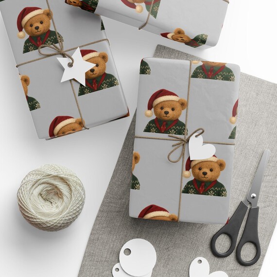 Santa Teddy Bear wrapping paper | Holiday Christmas Pattern Roll