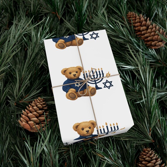 Hanukkah Teddy Bear Wrapping Paper | Wrapping Papers, Dreidel Star Pattern Matte or Satin