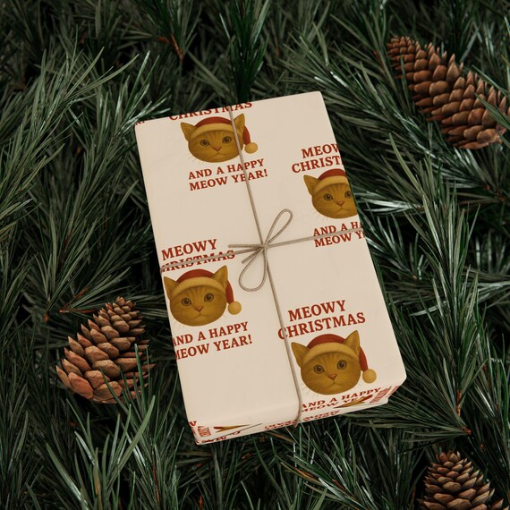 Vintage Cat Face Santa Hat Wrapping Paper | Holiday Pattern Roll