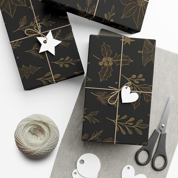 Gold Botanical Holiday Pattern Gift Wrap Paper | Christmas Wrapping Paper