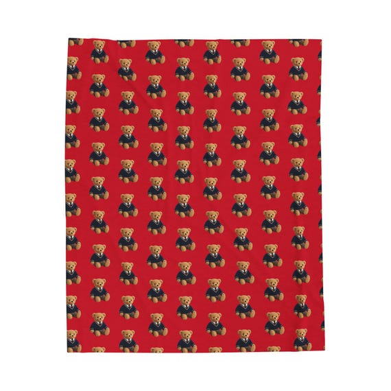 Teddy Bear Pattern Velveteen Plush Blanket | Red Repeat Bear Print