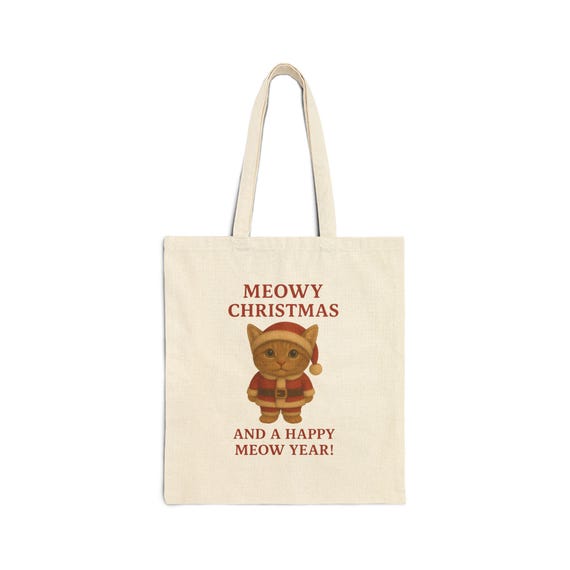 Meowy Christmas Cat Tote Bag | Vintage Holiday Kitty Santa Illustration