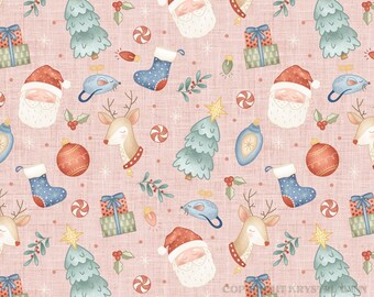 May include: A repeating pattern of Christmas-themed illustrations on a pink background. The design includes Santa Claus faces, reindeer heads, Christmas trees, gift boxes, ornaments, stockings, and candy canes. The text "Krystal Winn Design" is at the bottom.