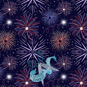 May include: Navy fabric featuring a repeating pattern of stylised fireworks in red, white, and blue. The design includes starbursts and small white stars, with the text "Fussy Cuts Custom Fabric" in the lower right corner.