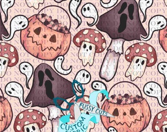 Hongos fantasmales sobre crema - Tela con estampado personalizado - Colección de Halloween neutra de Hex Reject