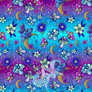 May include: A vibrant fabric design featuring a repeating pattern of whimsical elements. The design includes colorful mushrooms, crescent moons, flowers, and a fairy frog. The color palette transitions from blue to purple, with accents of pink, green, and gold.