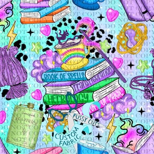 Puede incluir: Un patrón caprichoso con libros, una taza a rayas arcoíris y botellas de pociones. El diseño incluye el texto "Custom Fabric" y "Fussy Cuts". La combinación de colores es una mezcla de morado, verde y azul.