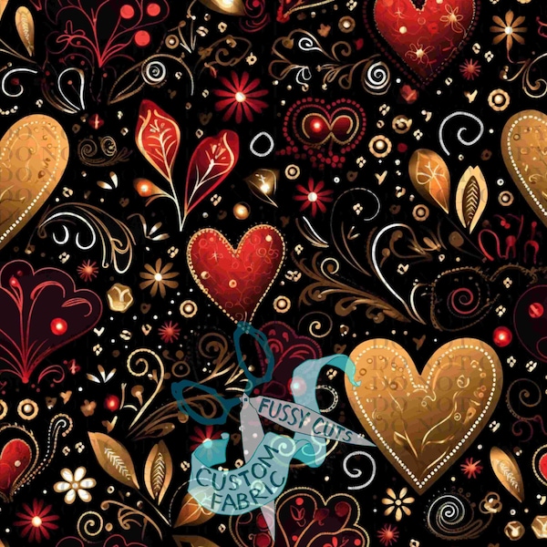 Red and Gold Hearts with Flourishes - Custom Print Fabric - Novelty Valentine Fabric