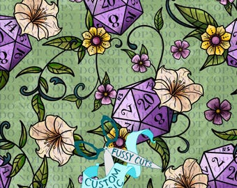 Könnte beinhalten: Ein nahtloses Muster mit lila zwanzigseitigen Würfeln, Blumen und Ranken auf hellgrünem Hintergrund. Das Design enthält den Text "Fussy Cuts Custom Fabric" mit einer Schere. Die floralen Elemente umfassen gelbe, rosa und cremefarbene Blumen.