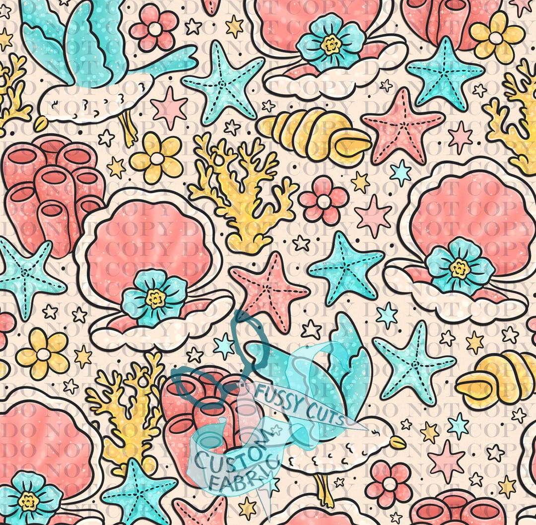 Novelity Shell Under the Sea Shells on Cream - Custom Print Fabric - Novelty Seashell ...