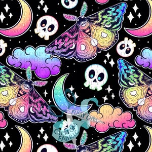 May include: A seamless pattern featuring colorful moths, skulls, moons, clouds, and stars on a black background. The moths have intricate wing designs with rainbow hues. The text "FUSSY CUTS CUSTOM FABRIC" is on a banner.