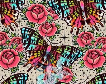 Mariposas arcoíris y rosas sobre fondo tostado - Tela con estampado personalizado - Tela de mariposas