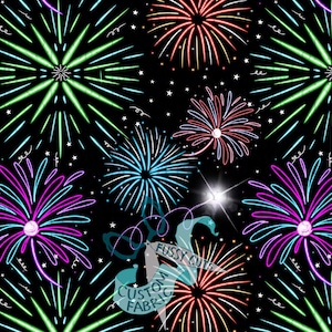 May include: A repeating pattern of vibrant fireworks in green, blue, pink, and red on a black backdrop. Small white stars and curly lines complete the design. The text "FUSSY CUTS CUSTOM FABRIC" is visible.