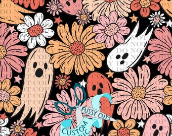 Floral Orange Ghosties - Custom Print Fabric - Novelty Halloween Fabric