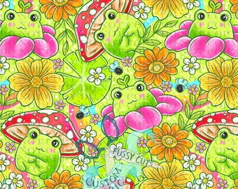 Happy Garden Frogs - Custom Print Fabric - Novelty Frog Fabric