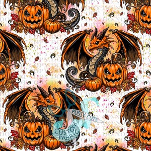 May include: A repeating pattern featuring orange jack-o'-lanterns, dragons with orange and brown wings, and autumn leaves. The dragons have black horns and are set against a white background with colourful accents. The text "Fussy Cuts Custom Fabric" is visible.