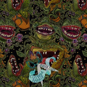 May include: A fabric pattern featuring a repeating illustration of green carnivorous plants with open mouths, sharp teeth, and red interiors on a black background. A watermark with the text FUSSY CUTS CUSTOM FABRIC is overlaid.