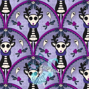 May include: A repeating pattern featuring stylized deer skeletons with antlers, wearing purple scarves, and surrounded by ghost and floral elements. The design is set against a lavender background with a decorative arch motif. The text "FUSSY CUTS CUSTOM FABRIC" is visible.