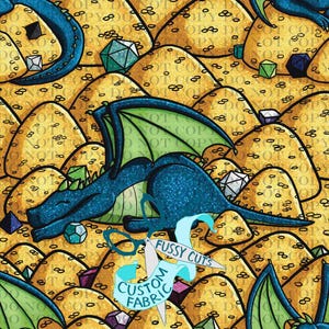 May include: A fabric design featuring a blue dragon with green wings resting on a pile of gold coins and gemstones. The design includes the text "Fussy Cuts Custom Fabric". The background is a repeating pattern of gold coins.