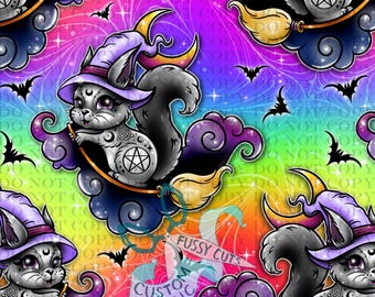 Witchy Squirrel on Rainbow - Custom Print Fabric - Novelty Squirrel Fabric