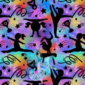 Puede incluir: Un diseño de tela con siluetas negras de gimnastas, estrellas, cintas y trofeos sobre un fondo de arcoíris brillante. El texto "Fussy Cuts Custom Fabric" es visible. Ideal para proyectos de manualidades con temática de gimnasia.