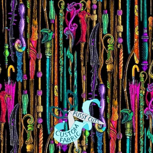 May include: A black background is filled with colorful, ornate wands in various designs. The wands feature vibrant hues of purple, teal, orange, and pink, with intricate details. The text "Fussy Cuts Custom Fabric" is displayed on a blue banner.