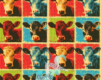 Puede incluir: Un patrón de tela colorido con una cuadrícula de caras de vaca en varios colores. Cada vaca está colocada sobre un fondo de color diferente, incluyendo rojo, azul y verde. Las palabras "DO NOT COPY" son visibles en el fondo.