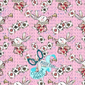 Weißes Kaninchen mit Karten auf rosa - Stoff nach Kundenwunsch - Wonderland Kollektion