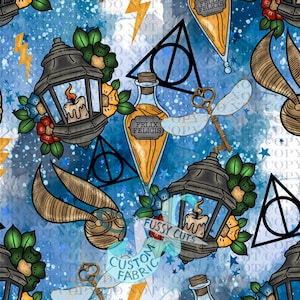 May include: A seamless pattern featuring various magical elements. The design includes black lanterns with lit candles, golden snitches, potion bottles labeled "Felix Felicis", and lightning bolts, all set against a blue background.