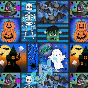 Halloween Patchwork in Blue - Custom Print Fabric - Halloween Fabric