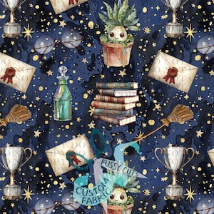 May include: Dark blue fabric featuring a repeating pattern of gold stars, trophies, books, envelopes, and whimsical plant characters. The design includes the text "Fussy Cuts" and "Custom Fabric" on a banner.