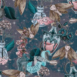 May include: A seamless pattern with moths, flowers, and decorative perfume bottles in teal, pink, and brown. The design has a starry background and whimsical, vintage elements. The text "Fussy Cuts Custom Fabric" is visible, adding to the overall aesthetic.