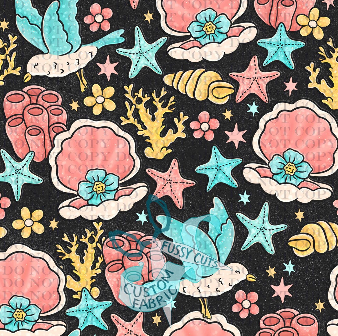 Novelity Shell Under the Sea Shells on Black - Custom Print Fabric - Novelty Seashell ...