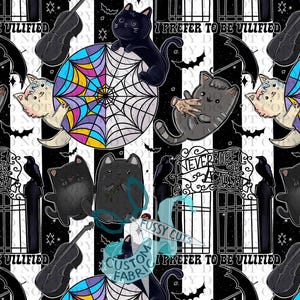 May include: A whimsical fabric design featuring cartoon cats, spiderwebs, bats, and violins against a black and white striped background. The phrase "I Prefer to be Vilified" is displayed. The design has a spooky, gothic theme.