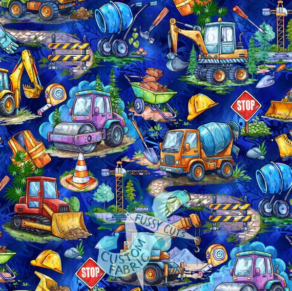 Construction Site on Blue - Custom Print Fabric - Novelty Construction Machines