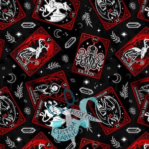 May include: A black fabric pattern featuring repeating tarot-style cards with red and white illustrations of cryptids like the Wendigo, Kraken, and Mothman. The design includes small white stars, moons, and crystals. A blue watermark reads FUSSY CUTS.