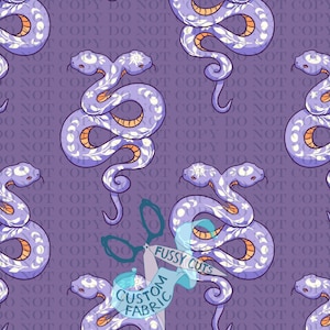 May include: A repeating pattern on a purple background featuring two-headed snakes in shades of light purple and white. The snakes have orange underbellies and white floral and celestial markings. A pair of scissors and a banner with text are visible.