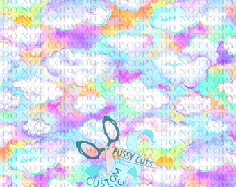 Nubes blancas sobre arcoíris ombré - Tela con estampado personalizado - Tela de nubes