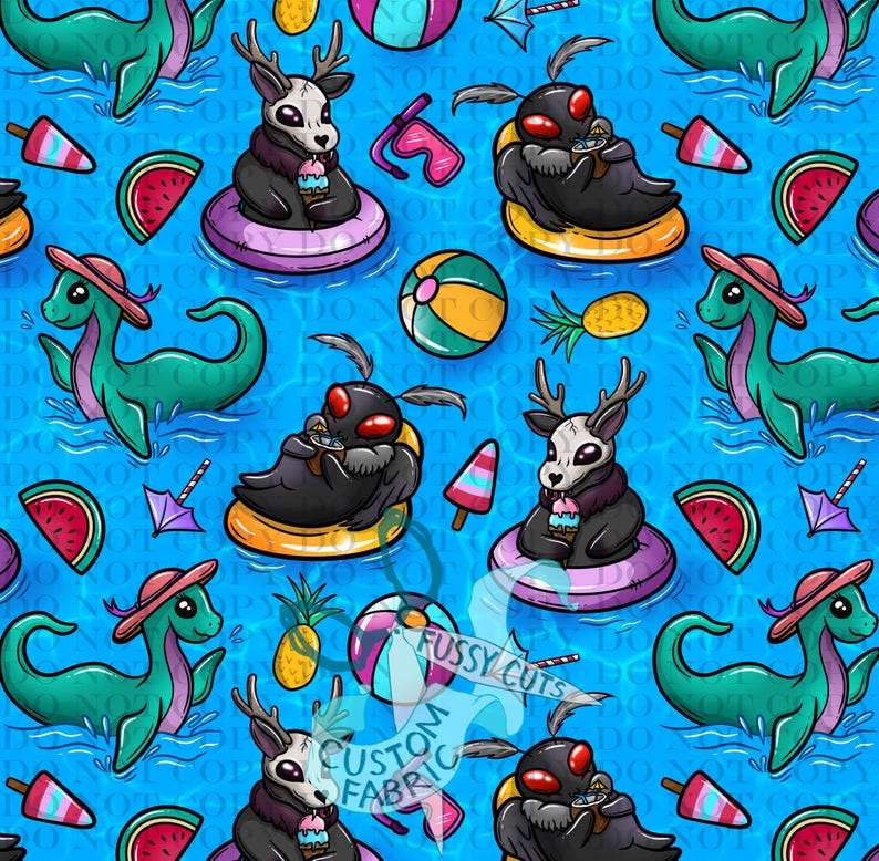 Summer Fun Cryptids on Blue - Custom Print Fabric - Novelty Cryptid ...