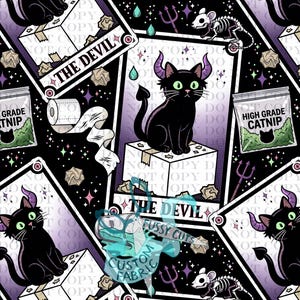 May include: A repeating pattern featuring black cats with purple horns and green eyes, sitting on boxes labelled "The Devil." The design includes catnip bags, a mouse skeleton, and a roll of toilet paper, all set against a black background.
