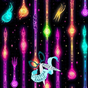 May include: A fabric design featuring a repeating pattern of colorful, glowing magic wands and other mystical shapes against a black background. The wands are in shades of pink, purple, orange, yellow, and teal. The text "Fussy Cuts Custom Fabric" is also visible.