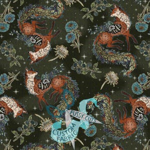 May include: A dark green fabric featuring a repeating pattern of orange foxes with white fur accents, skeletal rib cages, and long bushy tails. The design includes blue flowers, dark berries, and white stars. A watermark reads FUSSY CUTS CUSTOM FABRIC.