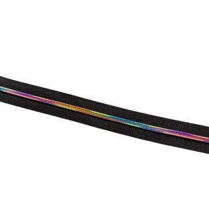 May include: Black zipper tape with a rainbow iridescent thread running down the center.
