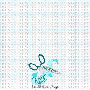 May include: A teal scissors graphic with the words "FUSSY CUTS" and "CUSTOM FABRIC" on a light blue banner. The background features a grid pattern with the words "DO NOT COPY".