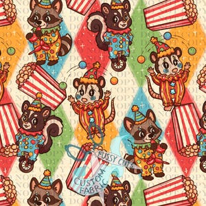 May include: A whimsical fabric design featuring cartoon animals dressed as clowns, set against a colorful diamond pattern. The clowns include raccoons, skunks, and possums, with popcorn and the text "Fussy Cuts Custom Fabric".