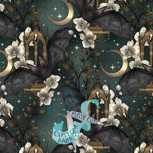 May include: Dark teal fabric with a repeating pattern of black bats, gold moons, and gothic architectural elements. White orchids and brown foliage are interspersed throughout the design. The words "Fussy Cuts Custom Fabric" are visible.