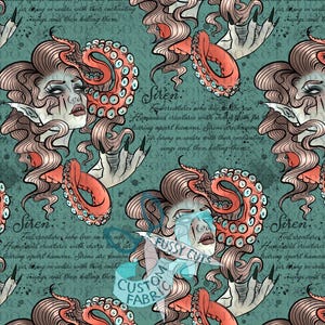 Può includere: Un motivo in tessuto verde acqua con illustrazioni di sirene con tentacoli di polpo, capelli lunghi e artigli affilati. Il design include testo sulle sirene e la loro natura. Il tema generale è fantasy e nautico.