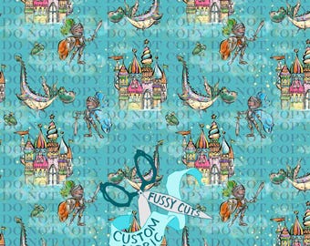 Dragons, Knights and Castles on Blue Clouds - Custom Print Fabric - Novelty Nursery Fabric
